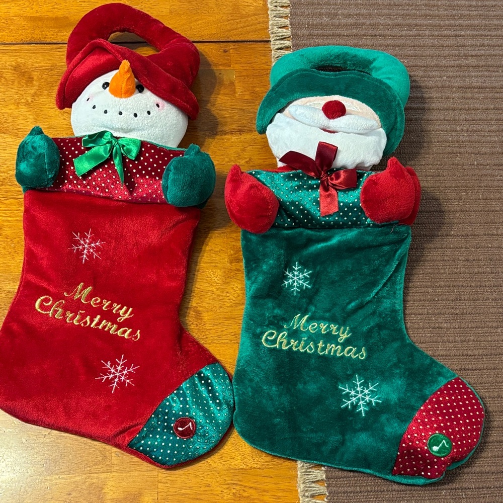 Festive Snowman Christmas Stockings - 1 Red and 1 Green